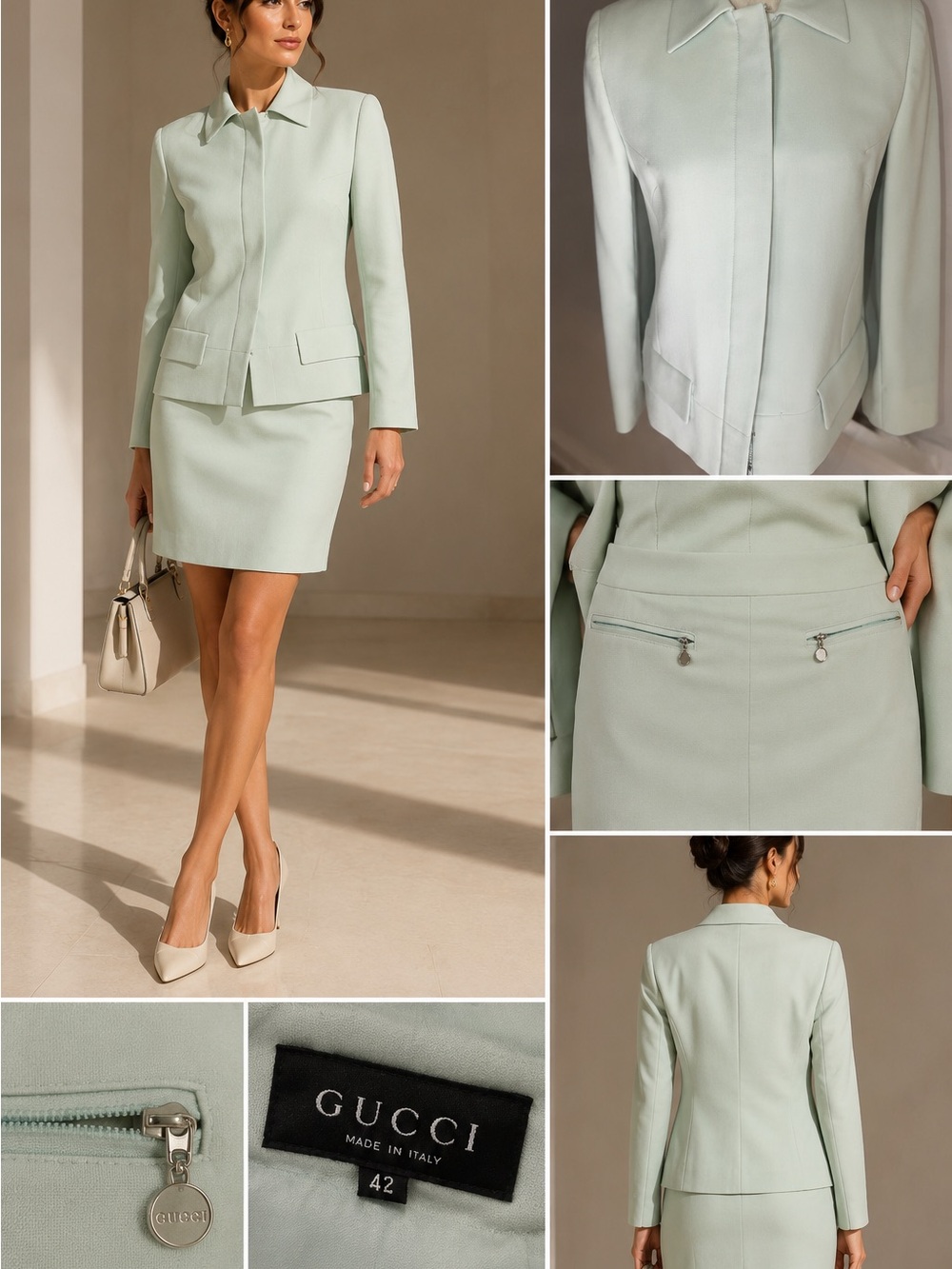 Vintage GUCCI Skirt Suit Made in Italy  SEA-FOAM  GREEN Tailored Jacket & skirt